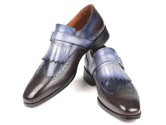 The Paul Parkman Kiltie Monkstraps Blue & Brown - 52SL79 is a pair of men's shoes crafted from dual-tone blue and brown leather, featuring decorative perforations and fringe detailing.