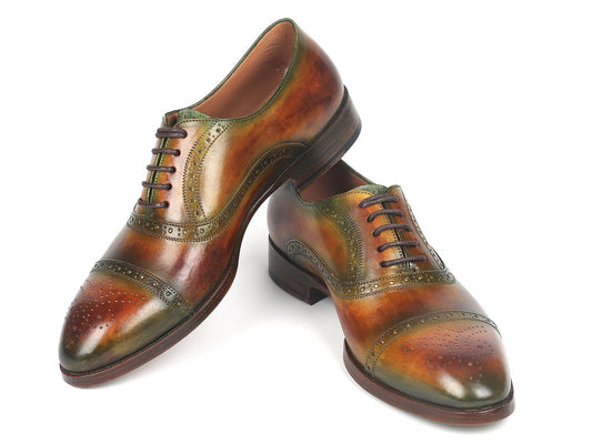 The Paul Parkman Cap Toe Oxfords Green & Brown - 266GB79, a pair of hand-painted leather shoes featuring decorative perforations and laces, is displayed against a white background.