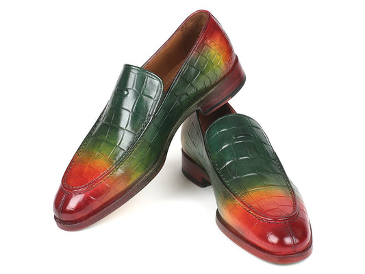 Paul Parkman's Crocodile Embossed Calfskin Multicolor Loafers (Model 7339-SPR) are men's slip-on shoes crafted from colorful leather, featuring a gradient blend of hand-painted red, green, and yellow hues with a crocodile-embossed pattern.