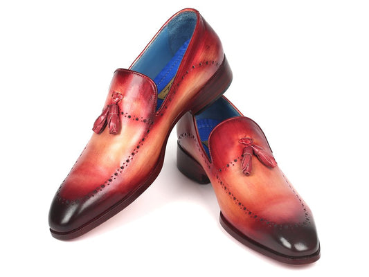 A pair of Paul Parkman Tassel Loafers in burgundy, crafted from hand-painted leather and featuring intricate brogue detailing.