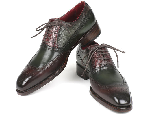 Introducing the Paul Parkman Goodyear Welted Oxfords Brown & Green (model BW926GR), these distinguished shoes by Paul Parkman are crafted from polished leather in dark green and brown hues. They showcase exquisite hand-painted brogue detailing and include laces, along with a reliable Goodyear welted construction for lasting durability.