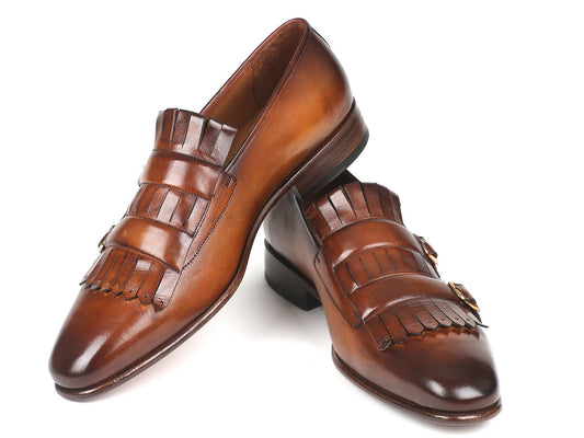 Introducing the Paul Parkman Brown Kiltie Double Monkstraps - ST37VF by Paul Parkman, featuring hand-painted brown burnished calfskin with stylish decorative tassels and fringe detailing.