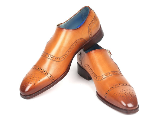 Introducing the Paul Parkman Cap Toe Monkstrap Shoes in Cognac - 65CGN97, an elegant pair crafted from hand-painted leather, featuring decorative perforations and a small heel for a unique touch.