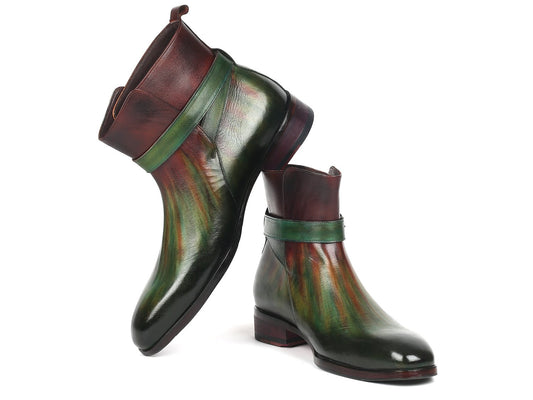 Paul Parkman Jodhpur Boots in Green and Bordeaux - 957FRS84, showcasing a glossy finish and strap detail, expertly crafted from hand-painted leather, set against a white background.