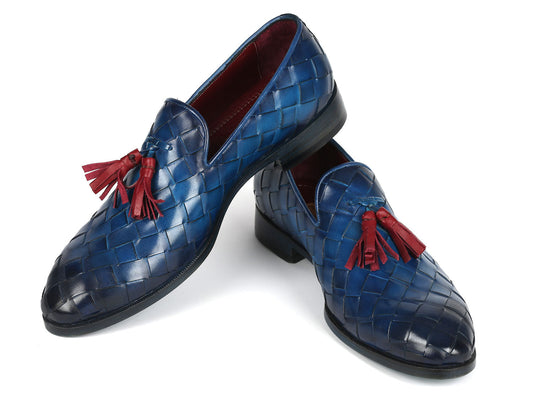 Paul Parkman presents the Big Braided Tassel Loafers in Blue (6623-BLU), featuring intricate hand-painted woven leather and striking red tassels, beautifully displayed against a white background to highlight their bespoke design.