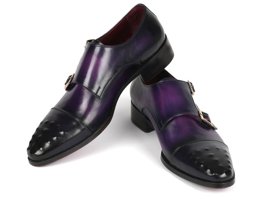 The Paul Parkman Studded Cap Toe Monkstraps Purple - 047-PRP are a pair of men's dress shoes crafted by the brand Paul Parkman. They showcase a purple gradient design, black capped toes, and feature double monk straps in hand-painted leather with a polished finish.