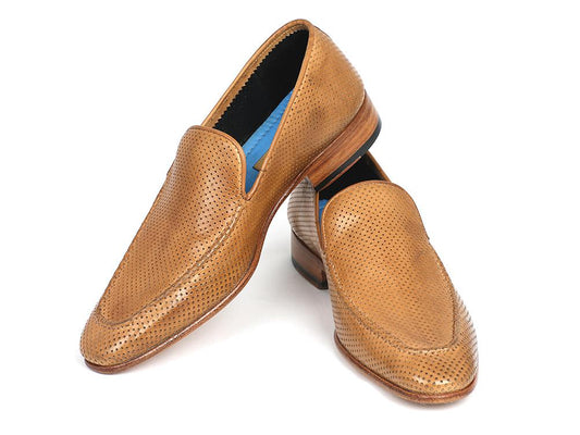 The Paul Parkman Perforated Leather Loafers Beige - 874-BEJ, featuring a tan hue and wooden heels, are elegantly designed as bespoke footwear and appear against a white background.