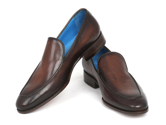 The Paul Parkman Perforated Leather Loafers in Brown (874-BRW) feature a textured design with a blue inner lining and are displayed against a white background.