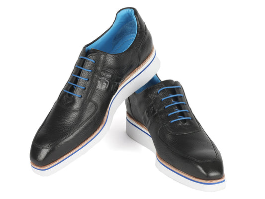 The Paul Parkman Casual Shoes Black Floater Leather - 192-BLK are customized black leather shoes with blue laces and lining, white soles, and a brown trim, elegantly displayed on a white background.