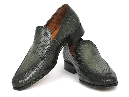 The Paul Parkman Perforated Leather Loafers in Green, model 874-GRN, are slip-on shoes made from perforated leather with a low heel, elegantly displayed on a white surface.