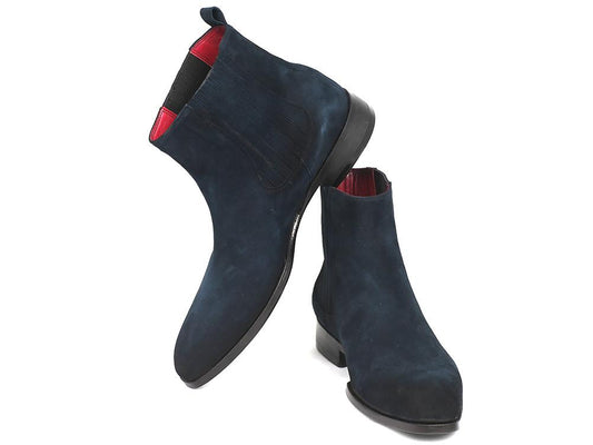 Introducing the Paul Parkman Navy Suede Chelsea Boots - SD875NVY, crafted to order with a sophisticated suede upper in navy blue, complemented by black elastic sides and a vibrant red interior lining, all showcased elegantly against a white background.