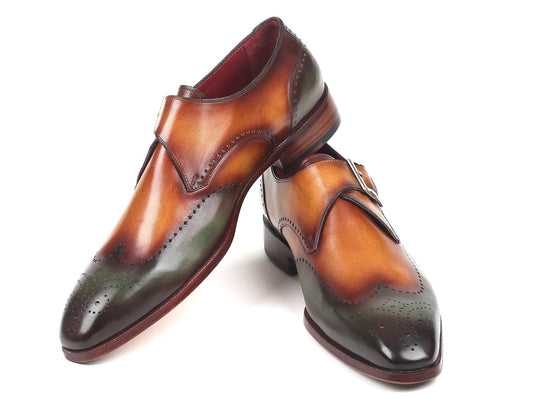 Paul Parkman's Single Monkstraps in Green & Camel - 944-GRN-CML showcase hand-painted leather in a distinctive color, accented with multicolored brogue detailing.