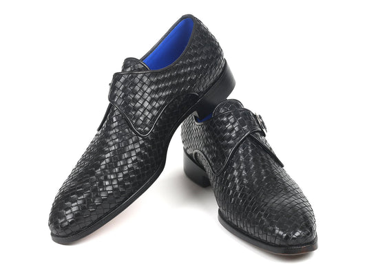 The Paul Parkman Black Woven Leather Single Monkstraps (011WN95) are beautifully showcased on a white background, featuring a striking blue inner lining.