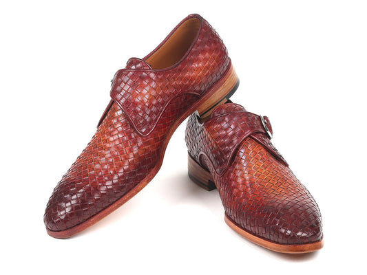 A pair of Paul Parkman Reddish Brown Woven Leather Single Monkstraps for men displayed on a white background.