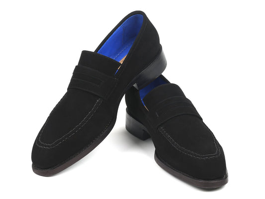 Introducing the Paul Parkman Black Suede Goodyear Welted Loafers - 38AX95: A sophisticated pair of loafers crafted from black suede, featuring blue interiors and a low heel. The intricate stitching details enhance their timeless elegance, while the Goodyear welt construction ensures long-lasting durability.