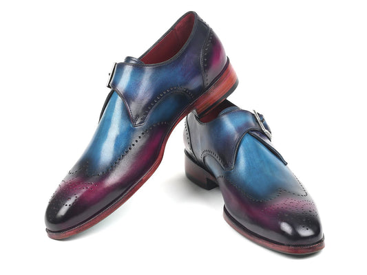 Paul Parkman's Single Monkstraps Blue & Purple shoes are a pair of men's handmade monk strap shoes that showcase a blue and purple gradient finish, complete with brogue detailing and wooden soles.