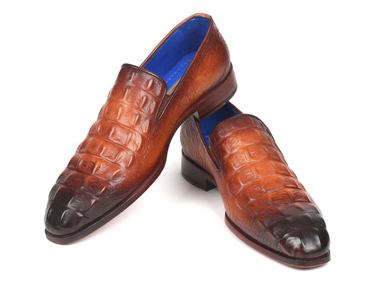 The Paul Parkman Brown Crocodile Embossed Calfskin Loafers - 5576-BRW offer a unique crocodile embossed design and feature an eye-catching blue interior lining.