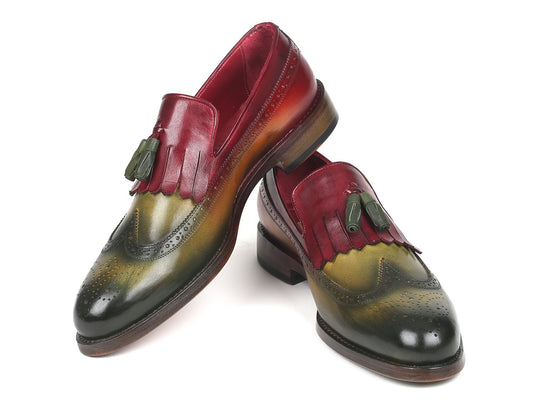 The Paul Parkman Kiltie Tassel Loafer in Green & Bordeaux (KT39RD) showcases a multicolored design with a gradient from green to red, featuring brogue detailing on the toe and crafted from hand-painted calfskin.
