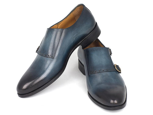 A pair of Paul Parkman Navy Double Monkstrap Shoes - HT54-NAVY, featuring hand-painted leather in navy with black tips and an antiqued leather sole, exhibited in a polished and professional style.