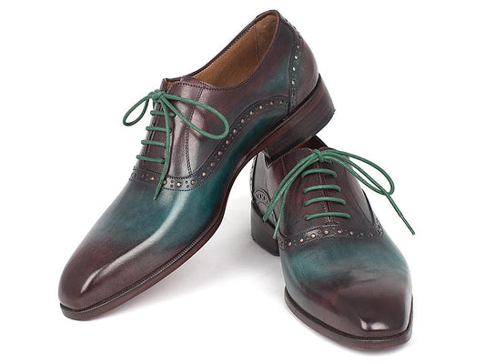 Introducing the Paul Parkman Green & Bordeaux Plain Toe Oxfords - GH88BB, a handcrafted masterpiece featuring polished leather in stunning shades of brown and teal. These exquisite shoes boast a remarkable antique patina along with vibrant green laces, offered by the renowned brand Paul Parkman.
