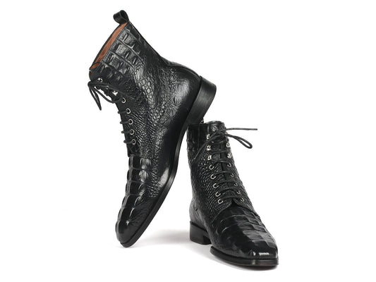 A pair of Paul Parkman Black Croco Embossed Leather Lace-Up Boots (BT744-BLK) with a slight heel is showcased against a white background; these made-to-order pieces exude sophistication.