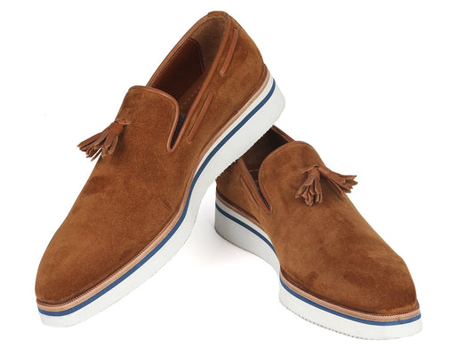 Introducing the Paul Parkman Smart Casual Tassel Loafers in Camel Suede (181-CML-SD). These loafers feature a brown suede upper with stylish tassels and durable white rubber soles, complemented by an elegant blue accent stripe along the edges. They are perfect for any smart casual occasion.