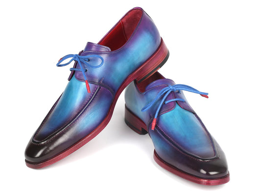 Paul Parkman Turquoise & Purple Apron Derby Shoes - 23SX84 feature hand-painted turquoise and purple hues with a Bordeaux burnished leather finish, made from calfskin uppers, complemented by red soles and matching blue laces.