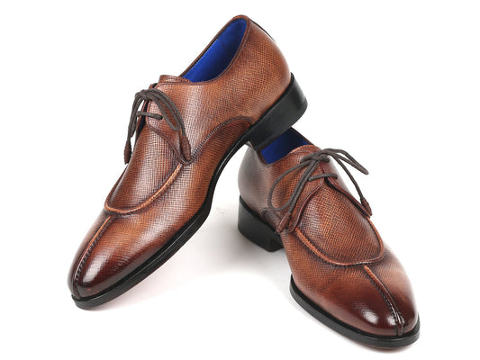 Paul Parkman Split Toe Brown Derby Shoes - 8871BRW, made by Paul Parkman, feature a textured pattern with laces and are displayed in a cross position on a white background. These shoes highlight exquisite craftsmanship and attention to detail.