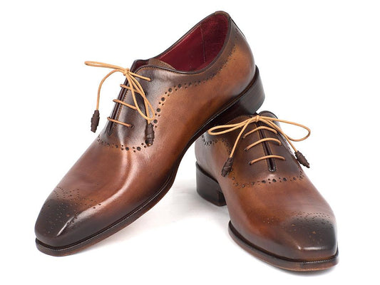 A pair of Paul Parkman Brown & Camel Medallion Toe Oxfords - GF61AZ, featuring hand-painted brown leather with decorative perforations and tan laces, displayed on a white background.