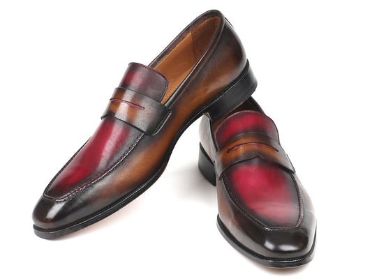 Introducing the Paul Parkman Brown & Bordeaux Dual Tone Loafers (10BB22), a stylish pair of men's slip-on shoes crafted from hand-painted calfskin leather. These loafers feature a gradient of brown and deep red shades, offering a sleek design and smooth finish by the esteemed brand, Paul Parkman.