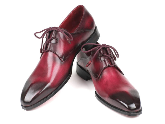 The Paul Parkman Ghillie Lacing Bordeaux Dress Shoes - GT515-BRD from the brand Paul Parkman are polished dark red leather dress shoes, crafted from hand-painted calfskin, featuring elegant Ghillie lacing and set against a pristine white background.