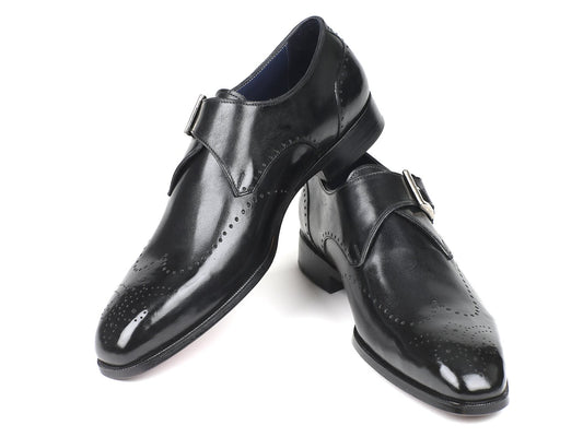 Introducing the Paul Parkman Wingtip Single Monkstraps Black - 98F54-BLK, a pair of polished black leather shoes featuring decorative wingtip perforations.