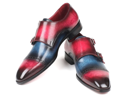 A pair of Paul Parkman Captoe Double Monkstraps in a hand-painted leather design showcasing a blue and fuchsia gradient.