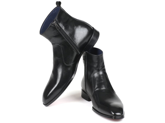 The Paul Parkman Black Leather Side Zipper Boots (BT485-BLK), a stylish pair of men's boots with a leather upper and slight heel, are showcased against a pristine white background.