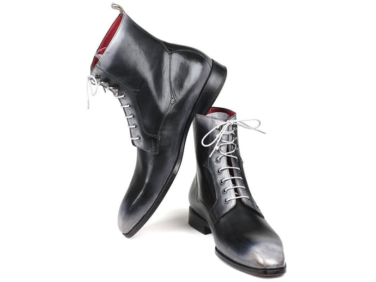 A pair of Paul Parkman Gray Burnished Leather Lace-Up Boots (BT535-GRY), featuring black leather with gray tips and white laces, displayed on a white background.