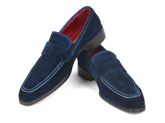Featuring a white background, the Paul Parkman Penny Loafers Navy Suede - 10SD21 are made-to-order men's slip-on shoes with red interior detailing, making them a stylish choice.