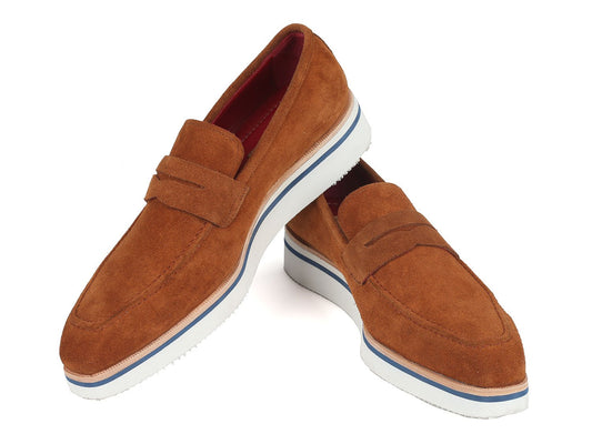 The Paul Parkman Smart Casual Penny Loafers in Camel Suede, featuring a white rubber sole and a stylish blue stripe, are perfect for smart casual occasions.