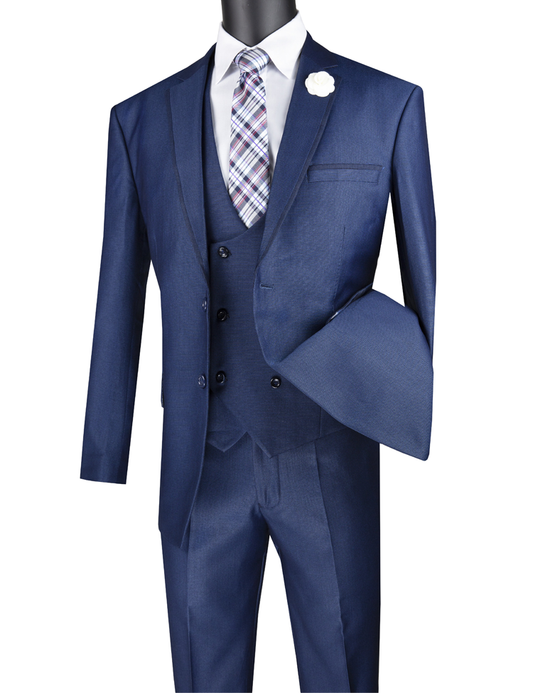 The Vinci Suits Modern Fit 3 Piece Suit MV2B-1 in Navy features a birdseye pattern, matching vest, checkered tie, and a white flower lapel pin for added sophistication.