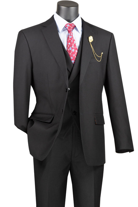 Mannequin dressed in a Vinci Suits' Modern Fit 3 Piece Single Breasted Suit (Black) MV2TR, enhanced with a white shirt, red floral tie, and gold chain lapel pin.