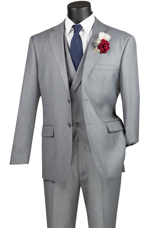 The Vinci Suits Modern Fit 3 Piece Single Breasted Suit in light gray, featuring a luxurious wool feel, comes with a white shirt and blue tie. A red and white boutonniere adorns the left lapel, all elegantly showcased on a mannequin.