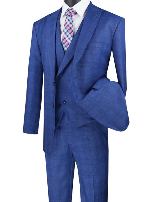 The Vinci Suits Modern Fit Glen Plaid 2 Button Peak Lapel 3 Piece Suit in blue, paired with a crisp white shirt and checkered tie, perfectly epitomizes style.