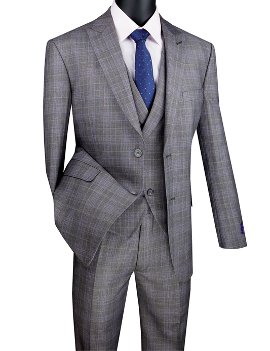 The Vinci Suits Modern Fit Glen Plaid 2 Button Peak Lapel 3 Piece Suit (Gray) MV2W-1 is paired with a crisp white shirt and navy tie with pink dots.