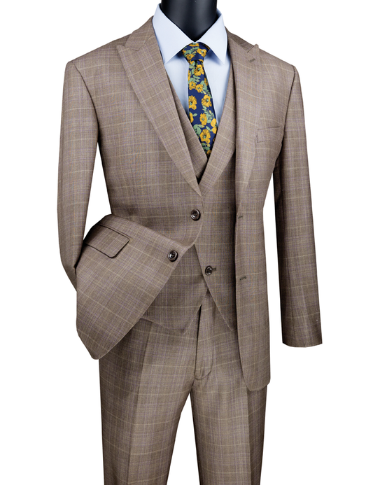 A mannequin displays the Modern Fit Glen Plaid 2 Button Peak Lapel 3 Piece Suit (Tan) by Vinci Suits, paired with a blue shirt and floral tie.