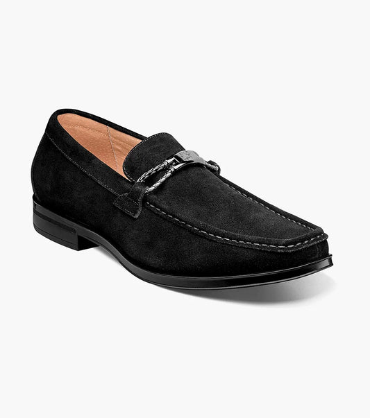 The Stacy Adams Neville Moc Toe Bit Slip On (Black Suede, 25224-008) features a silver metal bit, visible stitching, low heel, tan lining, and a Memory Foam cushioned insole for comfort.