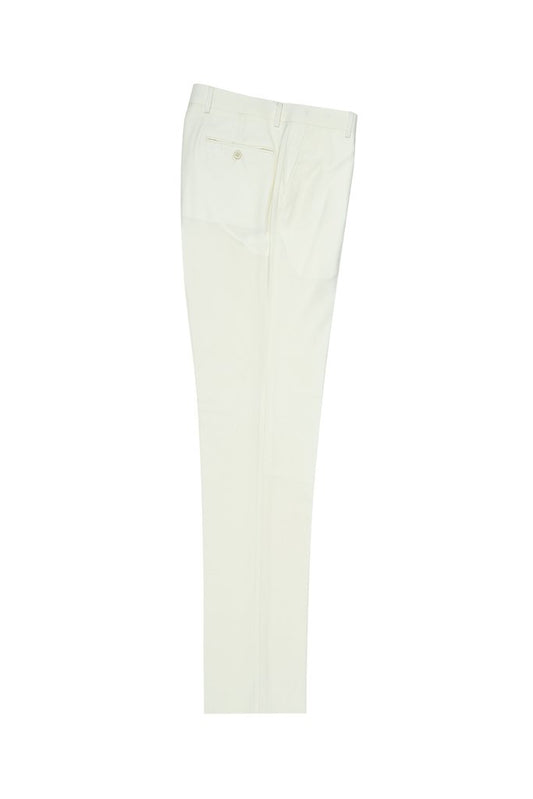 Tiglio Luxe Off-White Flat Front Dress Pants, crafted from pure wool, are elegantly displayed on a white background. Featuring an Italian-designed modern fit, they seamlessly blend sophistication with contemporary style.