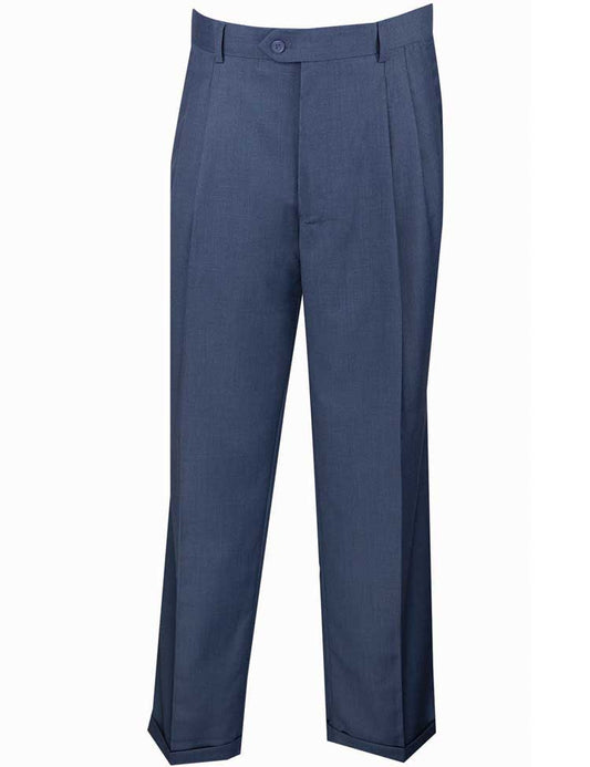 Vinci Suits' Regular Leg Pleated Pre-Hemmed With Cuffs Dress Pants (Blue) OP-900 are crafted from a poly rayon blend with a straight-leg design, featuring a waistband button, set against a plain white background.