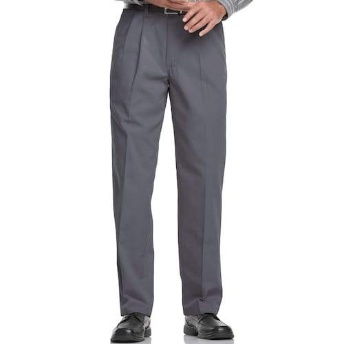 Someone stands against a plain background wearing Vinci Suits' Regular Leg Pleated Pre-Hemmed With Cuffs Dress Pants (gray), styled with double pleats, and black shoes.