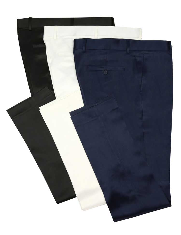 The Stretch Sateen Pants (White) OUS-ST by Vinci Suits feature a straight-leg design, belt loops, and a zipper fly for a sleek look.