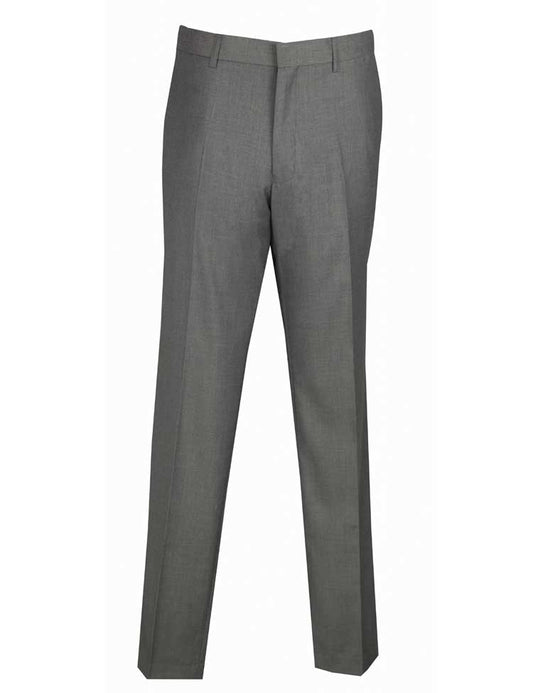 Ultra Slim Fit Flat Front Pre-Hemmed Dress Pants (Gray) OUS-900 by Vinci Suits are highlighted against a white backdrop, emphasizing their modern design and wrinkle-resistant fabric.