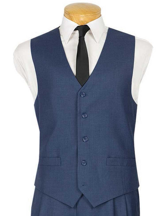 A mannequin displays Vinci Suits' OV-900 ensemble: a slim fit, single-breasted blue vest with pants, complemented by a crisp white shirt and classic black tie, exuding timeless elegance.